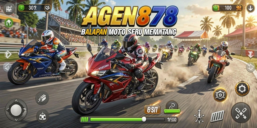 Tampilan gameplay seru AGEN878 menampilkan balapan motor yang menegangkan.