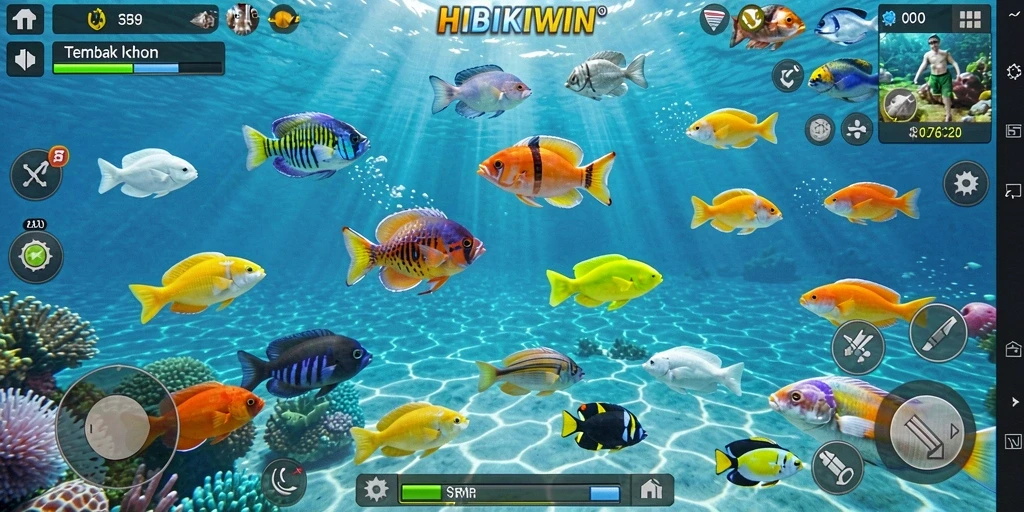 Tampilan gameplay HIBIKIWIN yang penuh aksi menembak ikan.