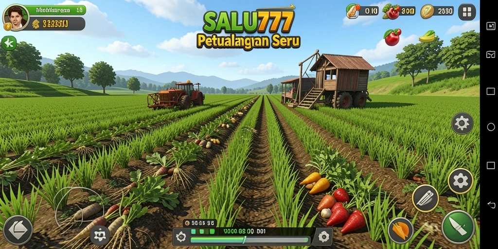 Tampilan gameplay SALJU777 dengan aktivitas bertani yang seru.
